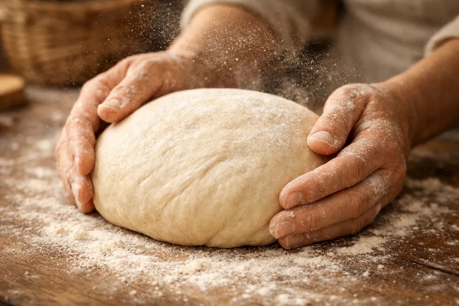 Hands shaping sourdough dough