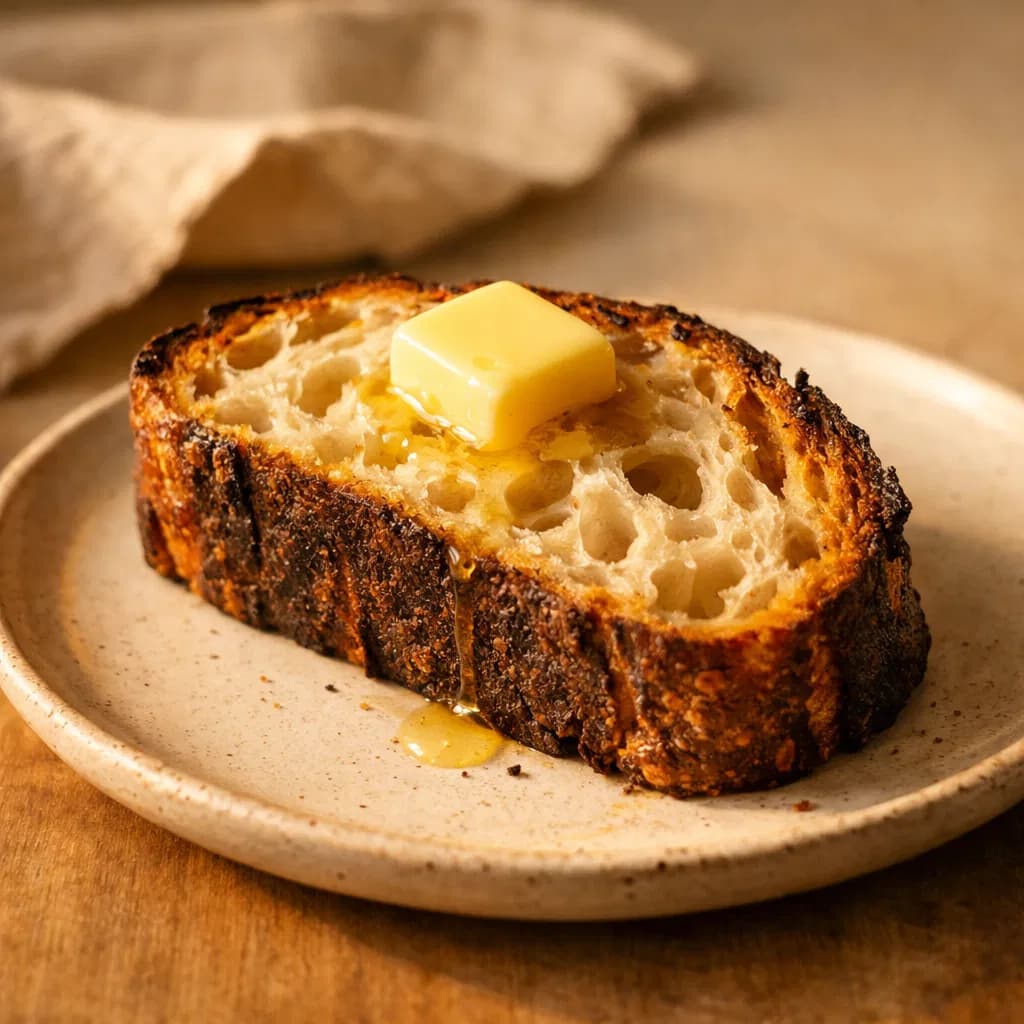 A thick slice of sourdough with melting butter